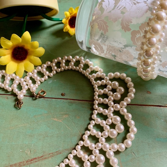 Mid-Century Faux White Pearl Lacy Collar Necklace & Bracelet - Vintage Bride - Picture 7 of 13